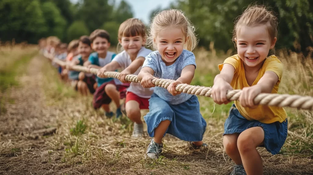 A group of children enthusiastically participate in a tug-of-war game outdoors, pulling on a thick rope and smiling.