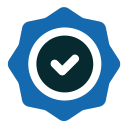 A blue badge-shaped icon with a white circle in the center containing a black checkmark.
