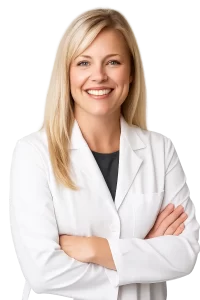 A woman with blonde hair wearing a white lab coat stands with arms crossed and smiles at the camera.