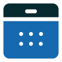 A simple blue and black calendar icon with six white dots representing dates.