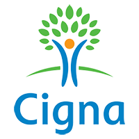 Cigna logo featuring a stylized human figure in blue with an orange head, forming the trunk of a green-leaved tree, with "Cigna" written below in blue text.